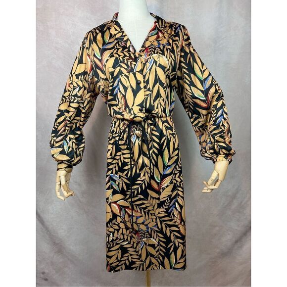 Vintage 70s 80s Botanical Print Dress XL Gold and Black Print - Picture 1 of 9